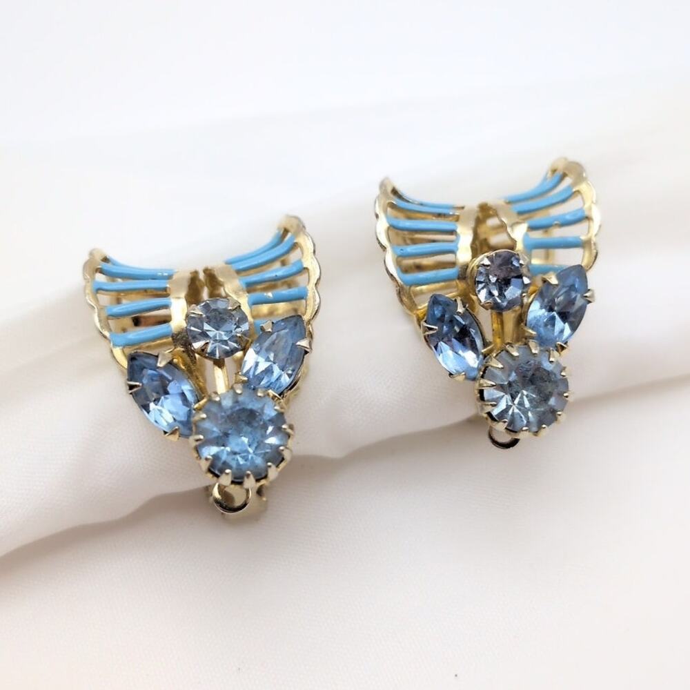 Vintage KRAMER Egyptian Revival Blue Rhinestone Gold Tone Clip On Earrings